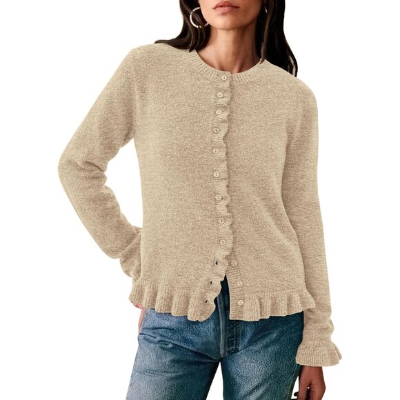 Sweaters - Women’s Chunky Knit Button Down Ruffle Cropped Cardigan Sweater Long Sleeve
